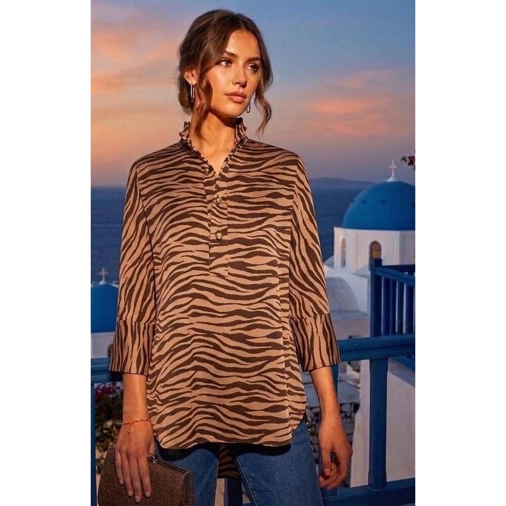 Tuckernuck Tiger Willow Blouse XS Brown Animal Print NWT  3/4 Sleeve Tunic Top